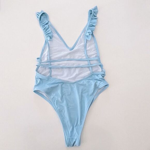 Womens SheIn One Piece Bathing Suit Monokini Ruffle Deep Plunge Small Light Blue - Picture 4 of 9